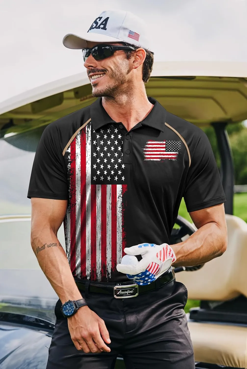 Mainfini Men's Short Sleeve Golf Shirt 1776 USA Flag Graphic Button Polo Shirt (S-3XL)