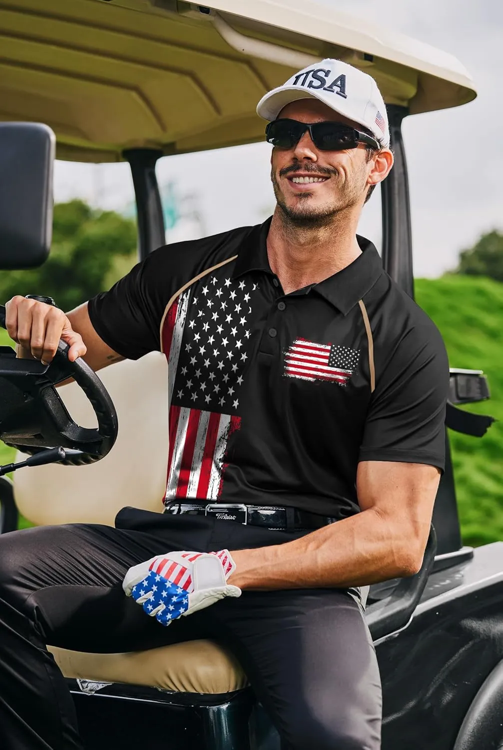 Mainfini Men's Short Sleeve Golf Shirt 1776 USA Flag Graphic Button Polo Shirt (S-3XL)