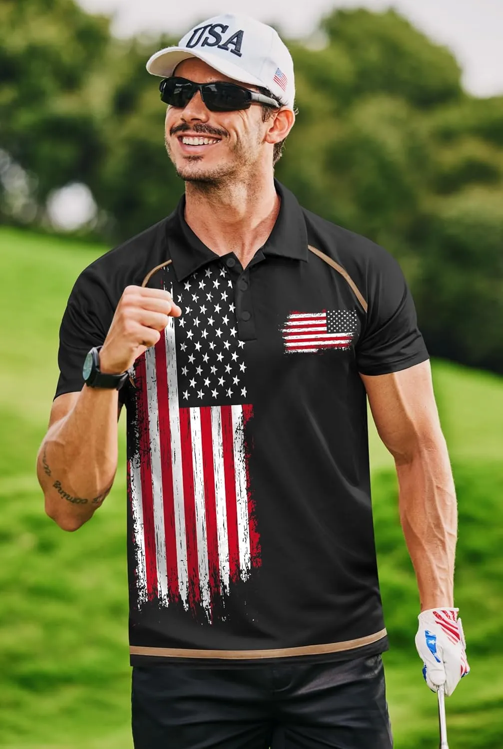 Mainfini Men's Short Sleeve Golf Shirt 1776 USA Flag Graphic Button Polo Shirt (S-3XL)
