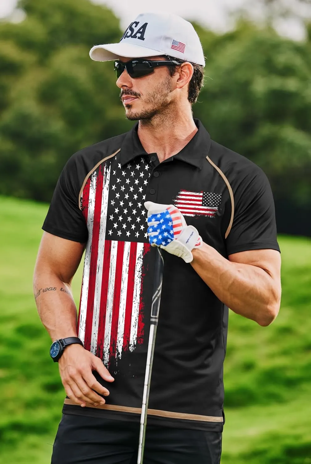 Mainfini Men's Short Sleeve Golf Shirt 1776 USA Flag Graphic Button Polo Shirt (S-3XL)
