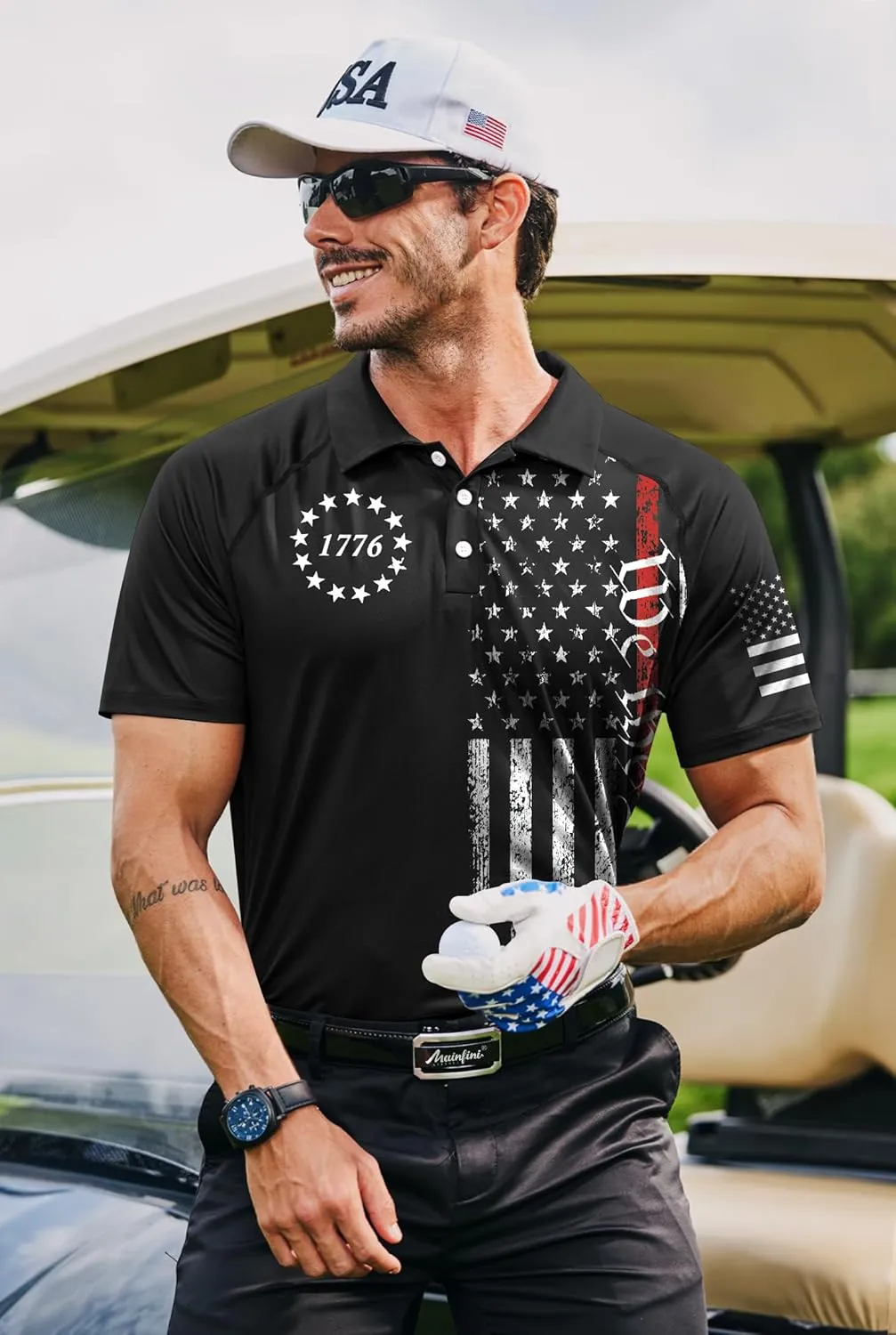 Mainfini Men's Short Sleeve Golf Shirt 1776 USA Flag Graphic Button Polo Shirt (S-3XL)