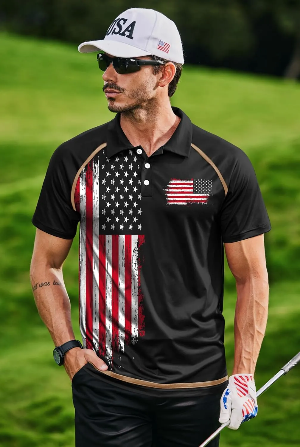 Mainfini Men's Short Sleeve Golf Shirt 1776 USA Flag Graphic Button Polo Shirt (S-3XL)