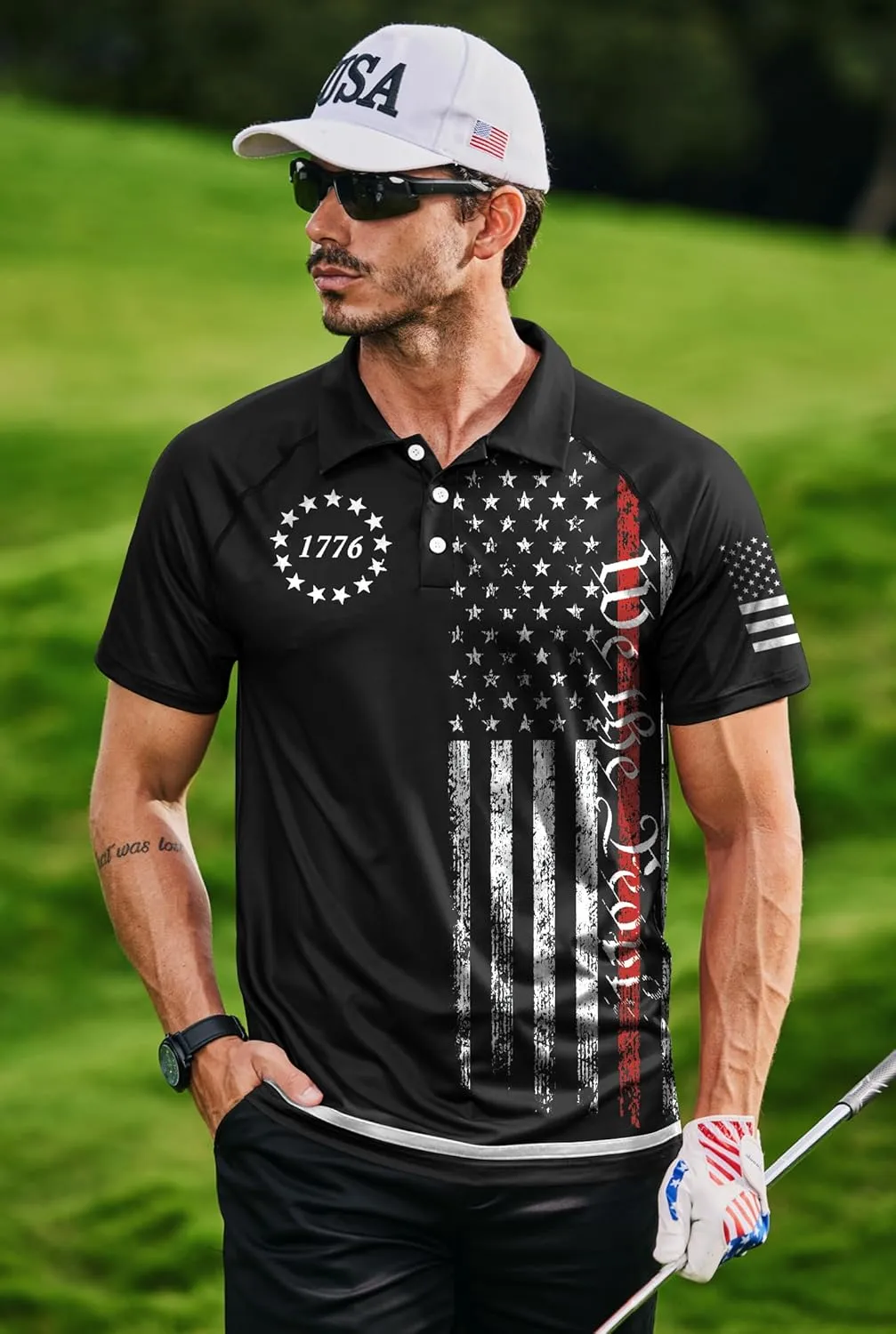 Mainfini Men's Short Sleeve Golf Shirt 1776 USA Flag Graphic Button Polo Shirt (S-3XL)