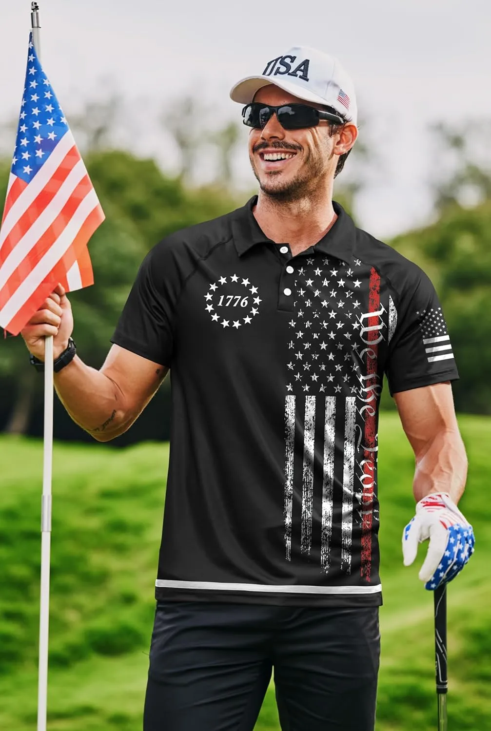 Mainfini Men's Short Sleeve Golf Shirt 1776 USA Flag Graphic Button Polo Shirt (S-3XL)