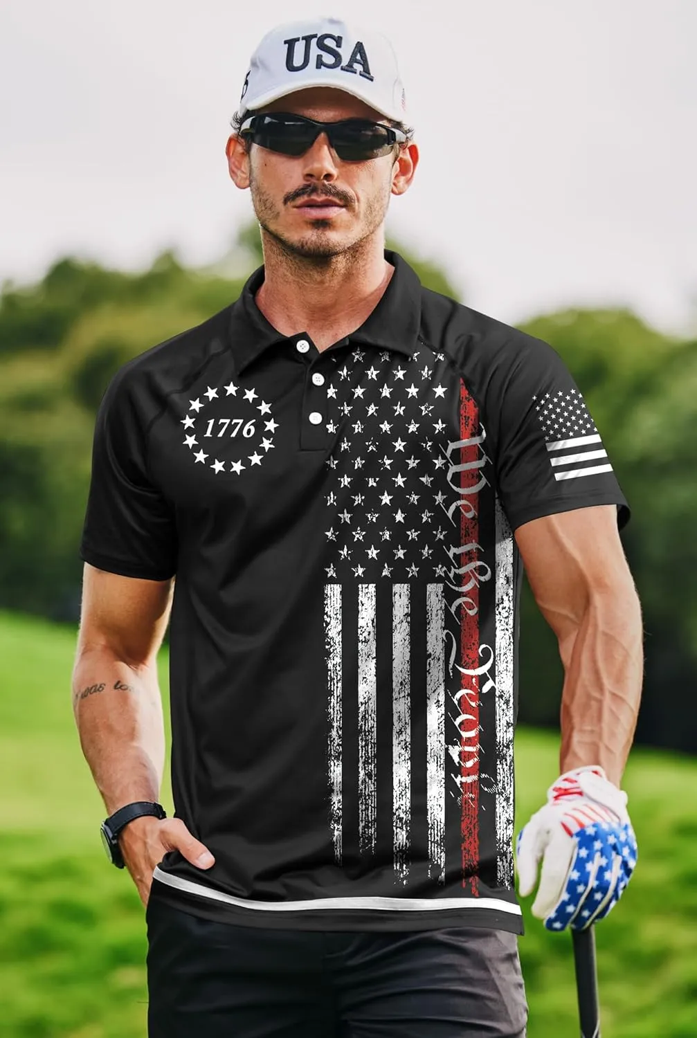 Mainfini Men's Short Sleeve Golf Shirt 1776 USA Flag Graphic Button Polo Shirt (S-3XL)