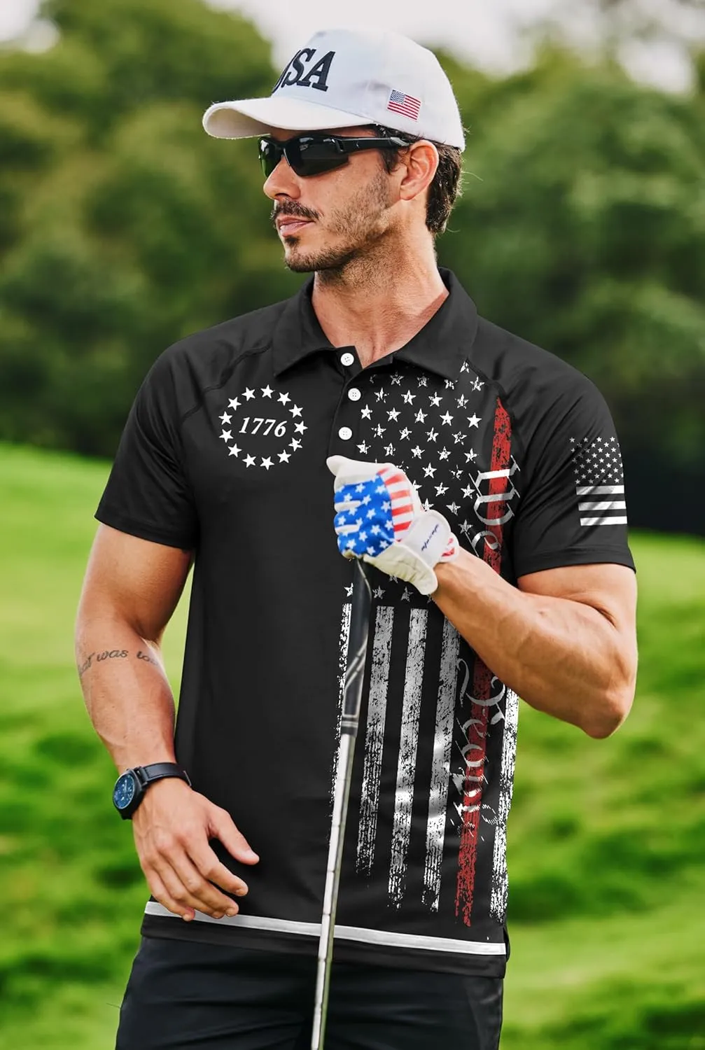 Mainfini Men's Short Sleeve Golf Shirt 1776 USA Flag Graphic Button Polo Shirt (S-3XL)