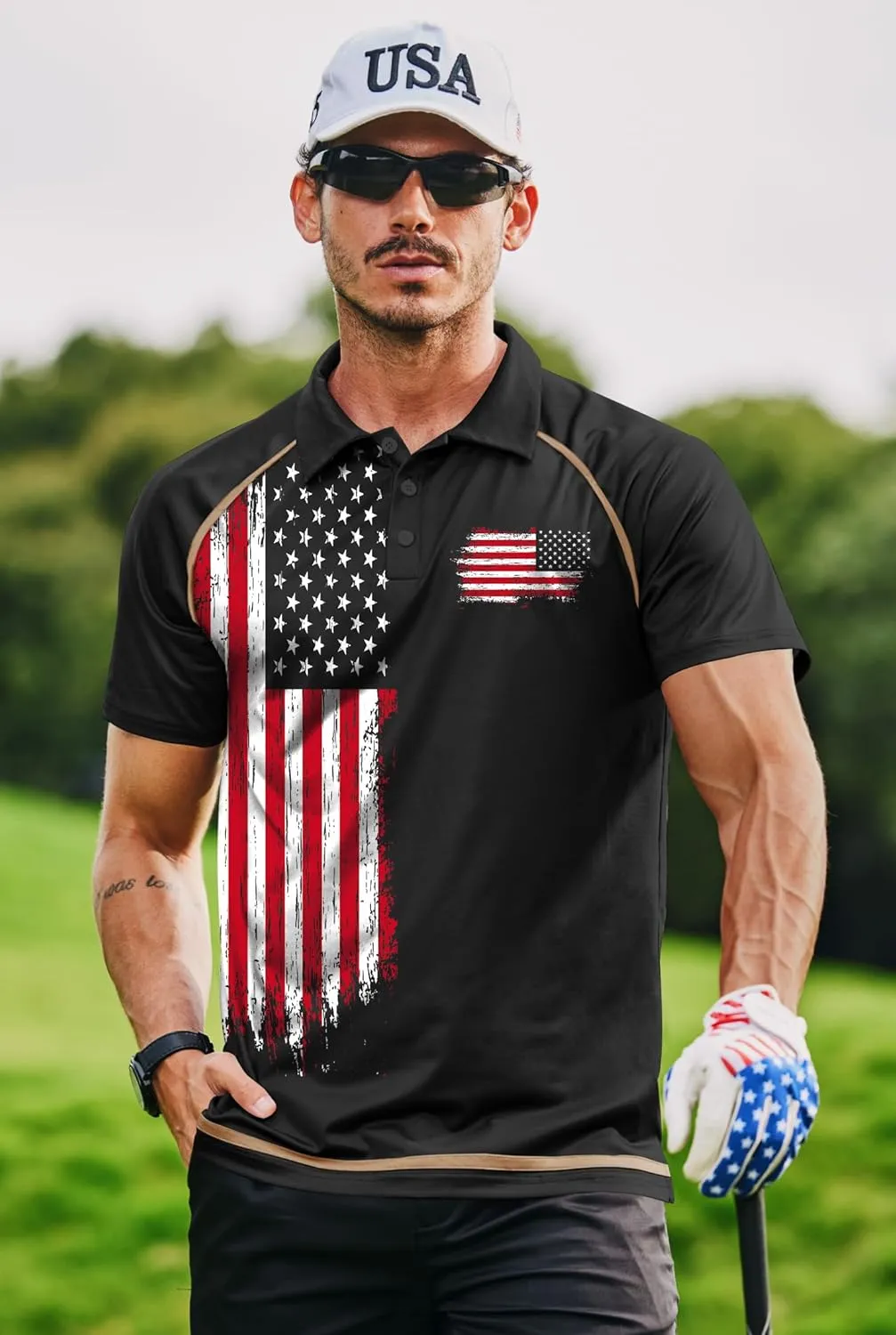 Mainfini Men's Short Sleeve Golf Shirt 1776 USA Flag Graphic Button Polo Shirt (S-3XL)