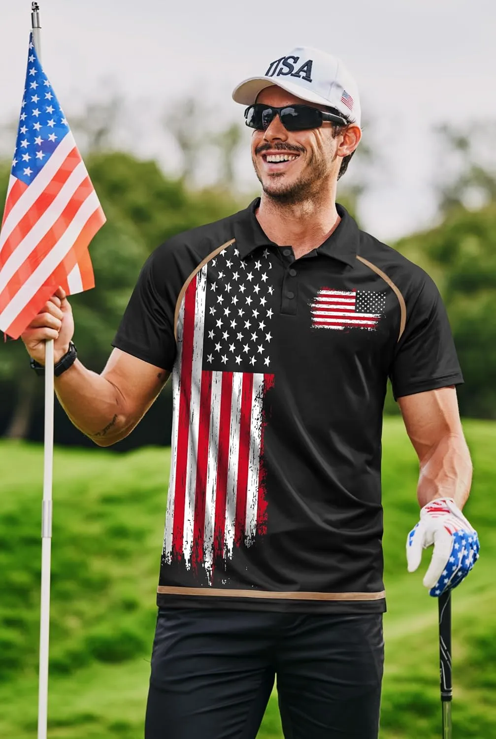 Mainfini Men's Short Sleeve Golf Shirt 1776 USA Flag Graphic Button Polo Shirt (S-3XL)