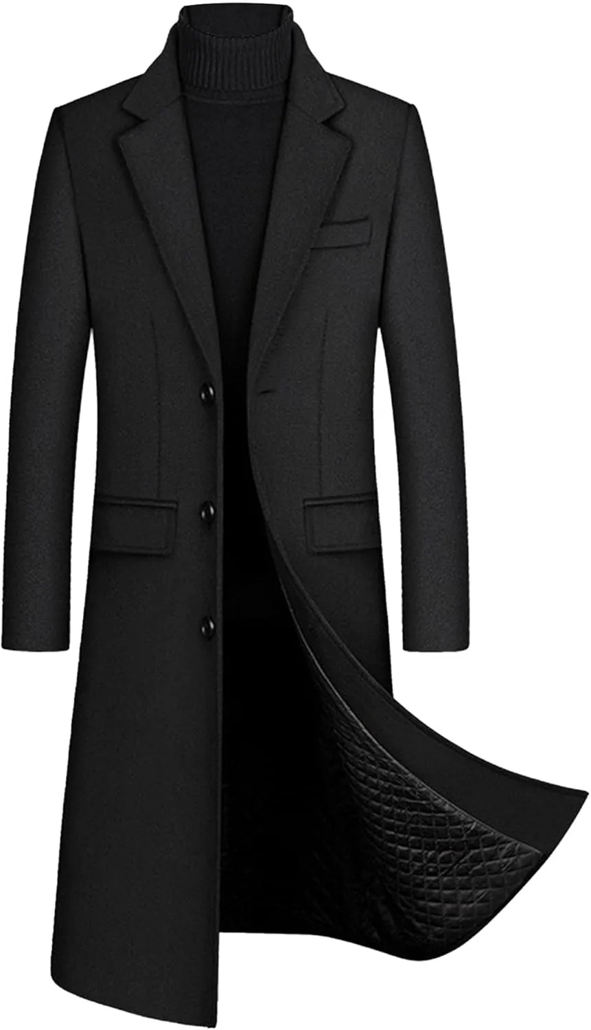 Maiyifu-GJ Mens Slim Fit Long Trench Coat Wool Blend Overcoat Mid-Length Outerwear Warm Winter Single Breasted Coat (Black,Medium)