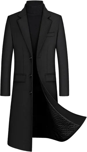 Maiyifu-GJ Mens Slim Fit Long Trench Coat Wool Blend Overcoat Mid-Length Outerwear Warm Winter Single Breasted Coat (Black,Medium)