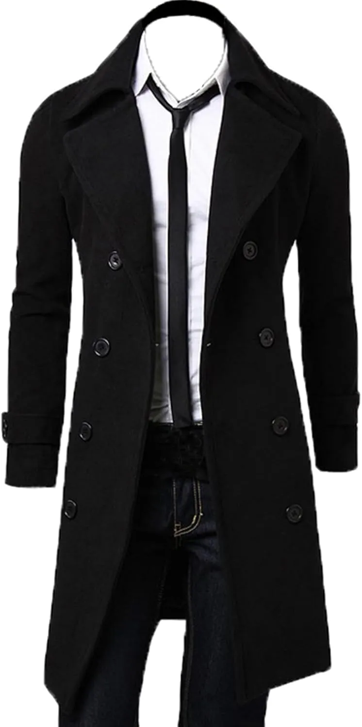Maiyifu-GJ Men's Wool Blend Long Trench Coat Slim Fit Double Breasted Pea Coat Overcoat Casual Business Mid-Length Jackets