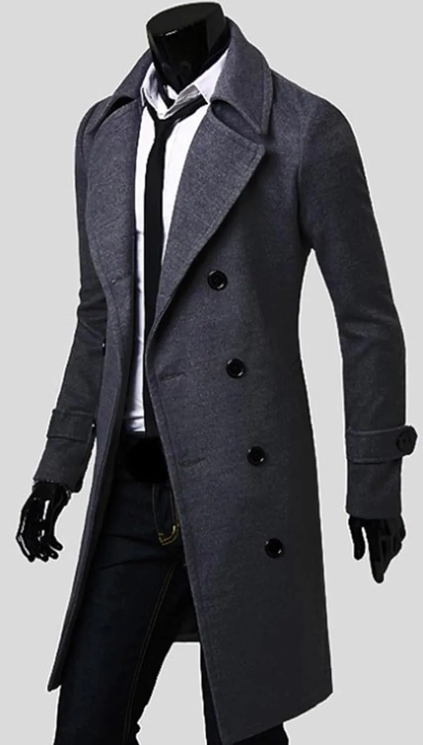 Maiyifu-GJ Men's Wool Blend Pea Coat Double Breasted Slim Fit Long Trench Coat Casual Business Mid-Length Jackets Overcoat