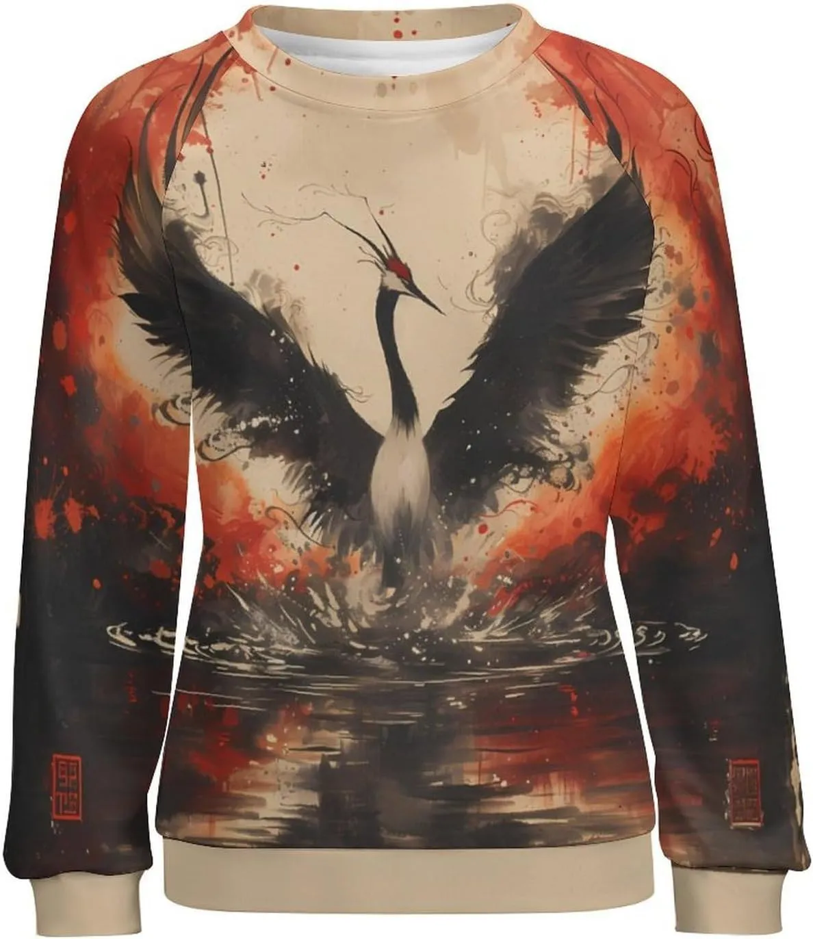 MARSVOVO Crewneck Sweatshirt for Women Long Sleeve Shirts Japanese Art Print Vintage Y2k Spring Fall Pullover Sweatshirt