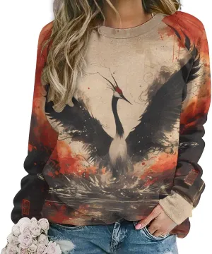 MARSVOVO Crewneck Sweatshirt for Women Long Sleeve Shirts Japanese Art Print Vintage Y2k Spring Fall Pullover Sweatshirt