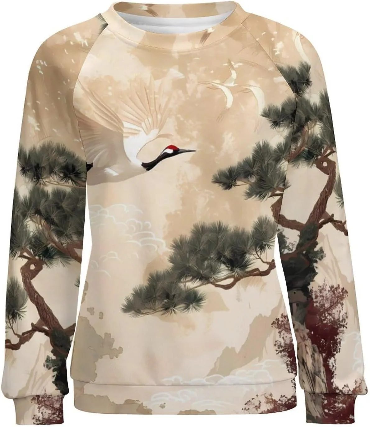 MARSVOVO Crewneck Sweatshirt for Women Long Sleeve Shirts Japanese Art Print Vintage Y2k Spring Fall Pullover Sweatshirt