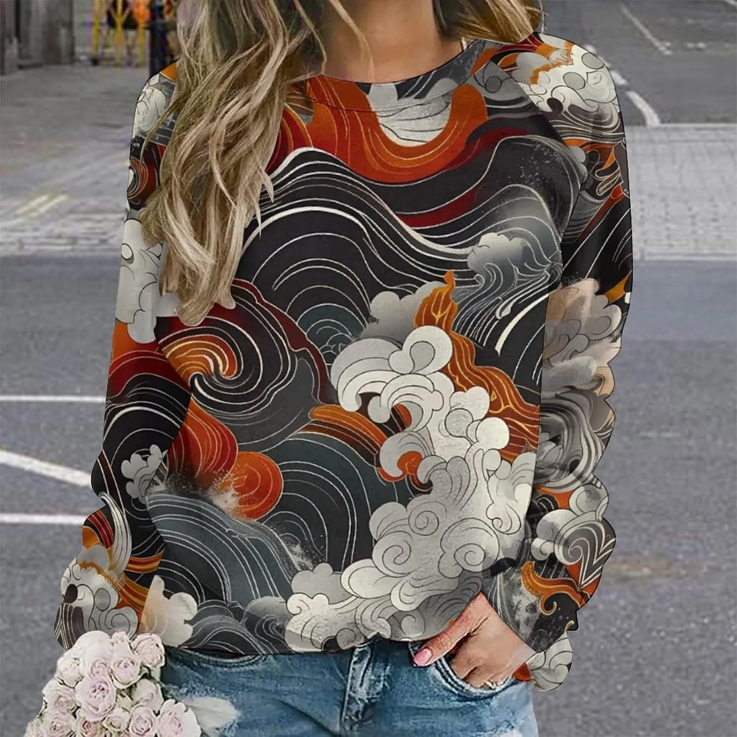 MARSVOVO Crewneck Sweatshirt for Women Long Sleeve Shirts Japanese Art Print Vintage Y2k Spring Fall Pullover Sweatshirt