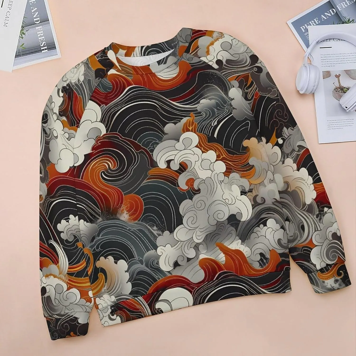 MARSVOVO Crewneck Sweatshirt for Women Long Sleeve Shirts Japanese Art Print Vintage Y2k Spring Fall Pullover Sweatshirt