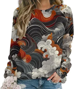 MARSVOVO Crewneck Sweatshirt for Women Long Sleeve Shirts Japanese Art Print Vintage Y2k Spring Fall Pullover Sweatshirt