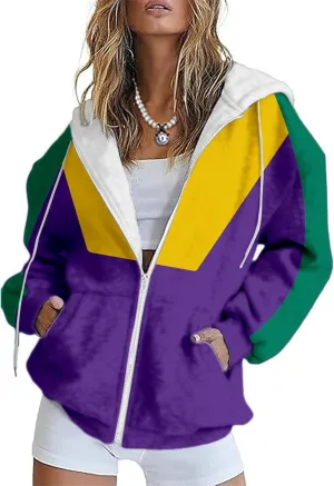 MARSVOVO Mardi Gras Sweatshirts for Women Full Zipper Long Sleeve Tuesday Shirt Vintage Vneck Carnival Outfit for Party