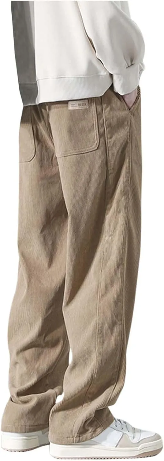 Men Baggy Pants Tie Front Drawstring Waist Corduroy Casual Loose Straight Leg Pants Trousers with Pockets