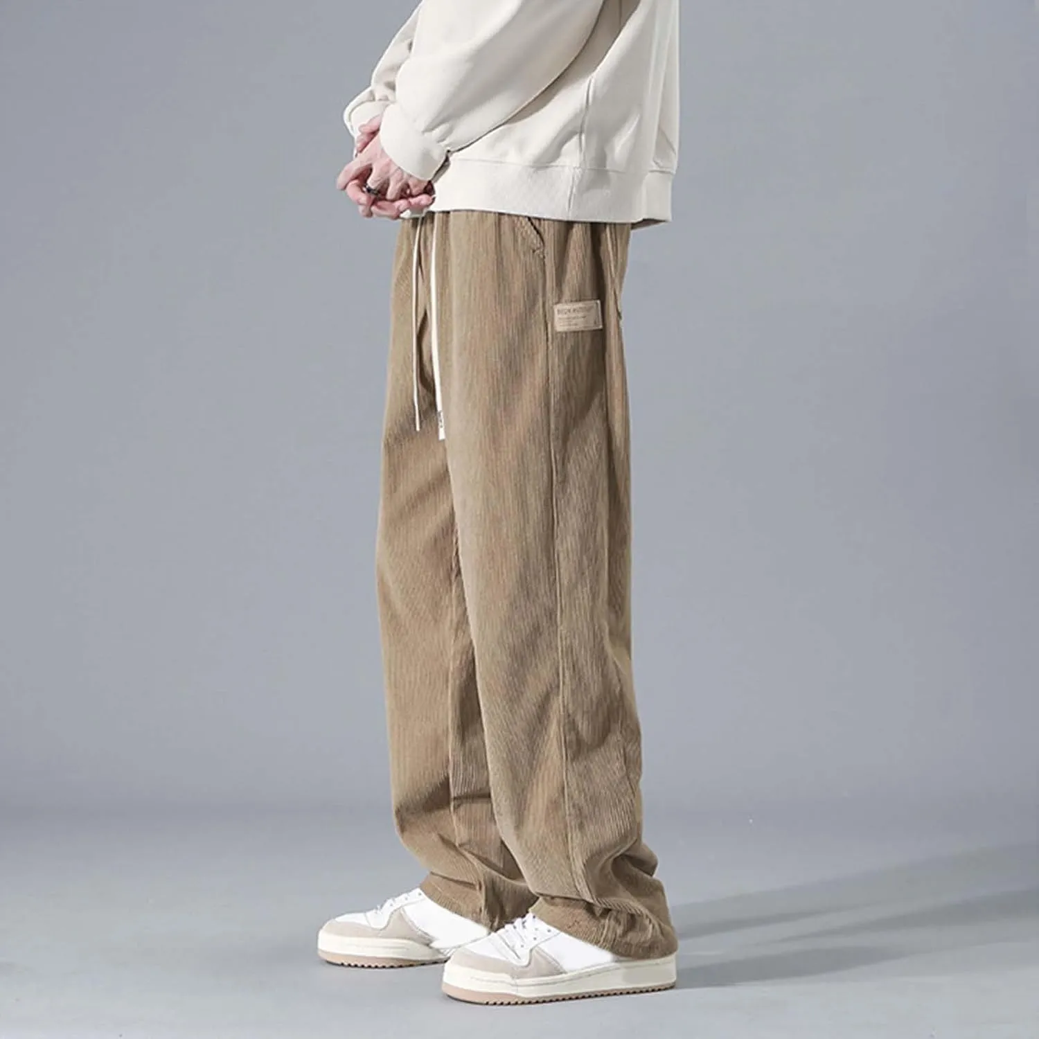 Men Baggy Pants Tie Front Drawstring Waist Corduroy Casual Loose Straight Leg Pants Trousers with Pockets