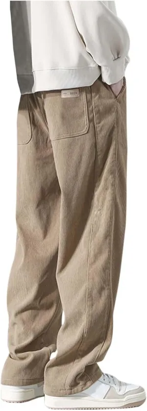 Men Baggy Pants Tie Front Drawstring Waist Corduroy Casual Loose Straight Leg Pants Trousers with Pockets