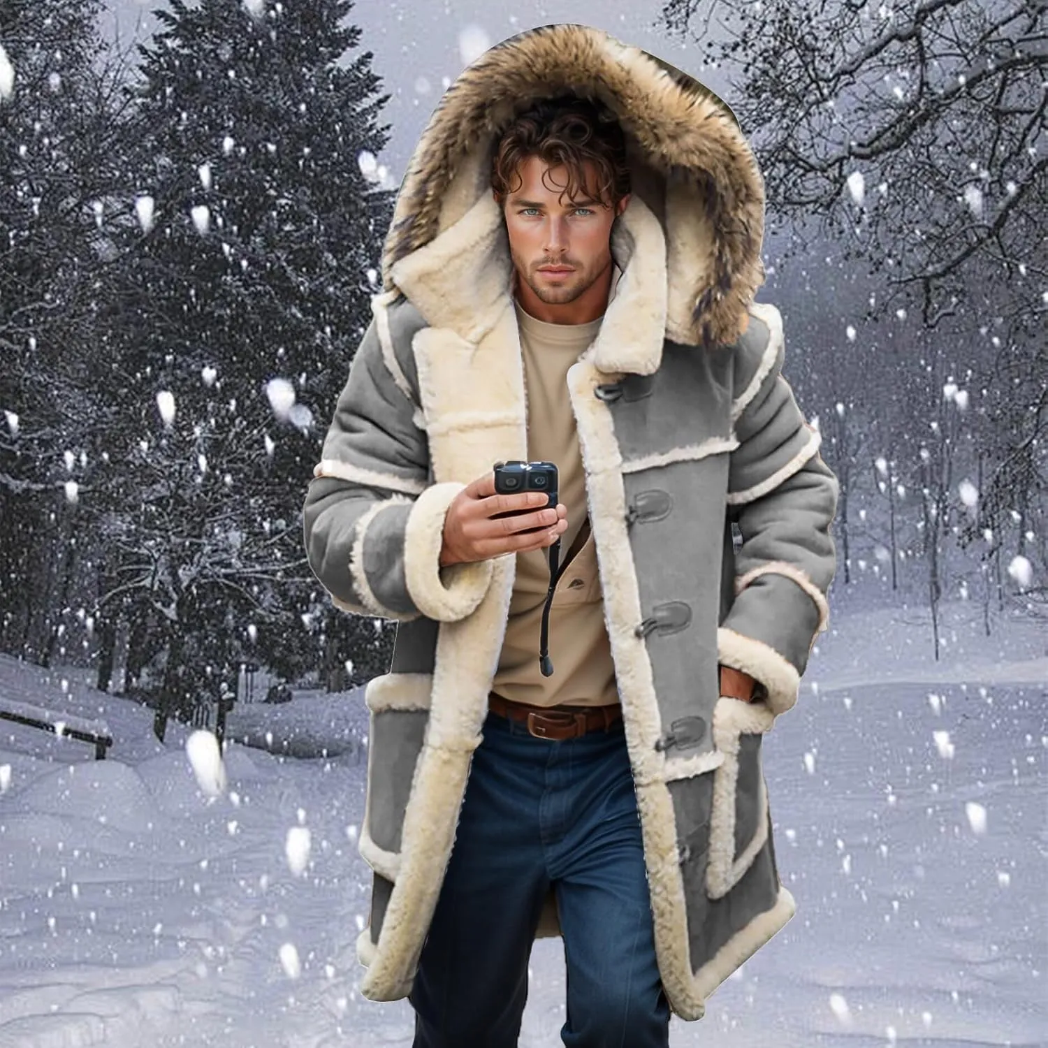 Men Shearling Coats with Hood Faux Suede Sherpa Lined Sheepskin Jackets Warm Winter Faux Leather Long Trench Coat