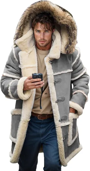Men Shearling Coats with Hood Faux Suede Sherpa Lined Sheepskin Jackets Warm Winter Faux Leather Long Trench Coat