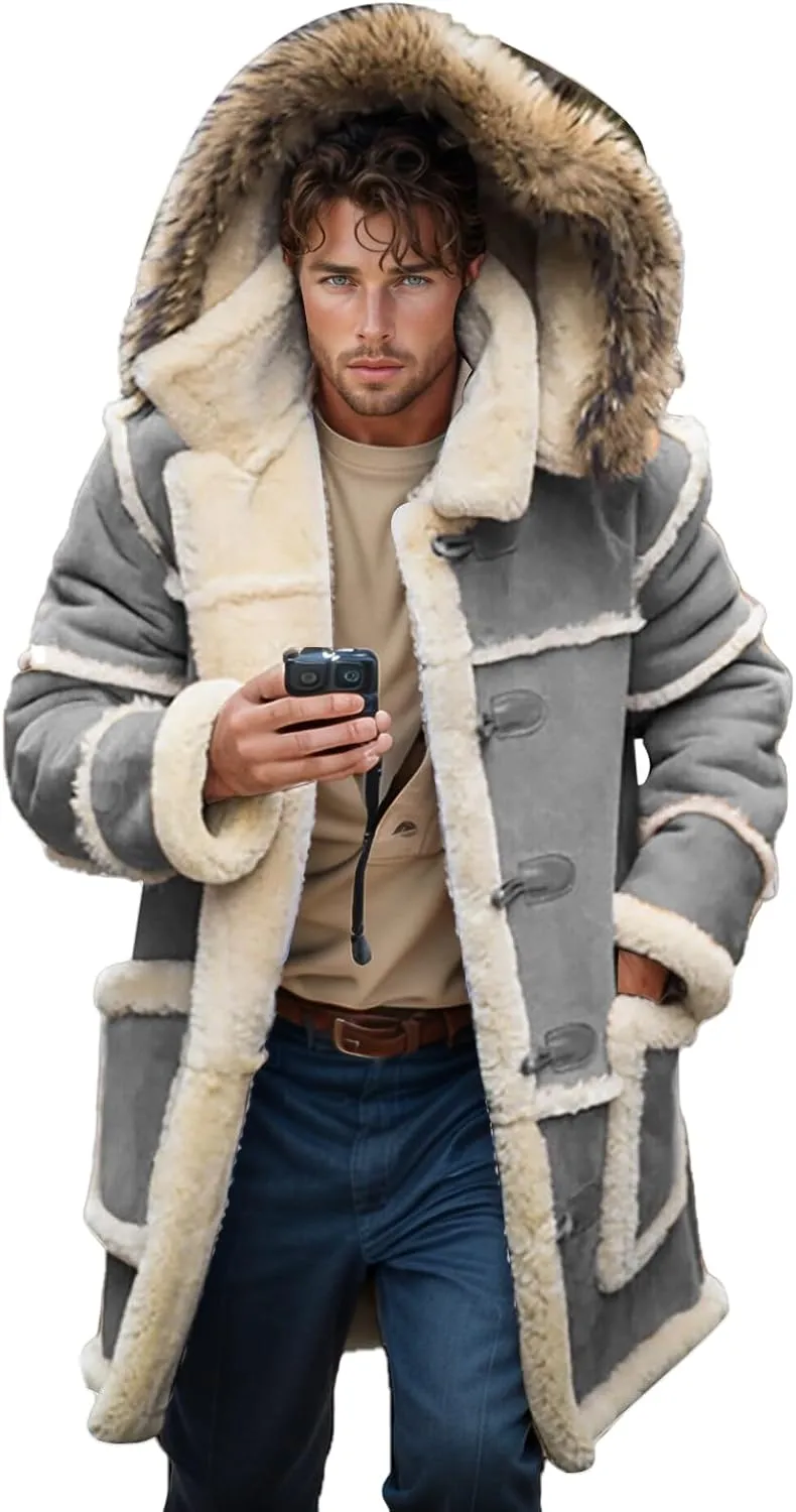Men Shearling Coats with Hood Faux Suede Sherpa Lined Sheepskin Jackets Warm Winter Faux Leather Long Trench Coat