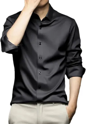 Men Social Shirt Long Sleeve Solid Silk Non Iron Wrinkle Resistant Business Formal Dress Shirt