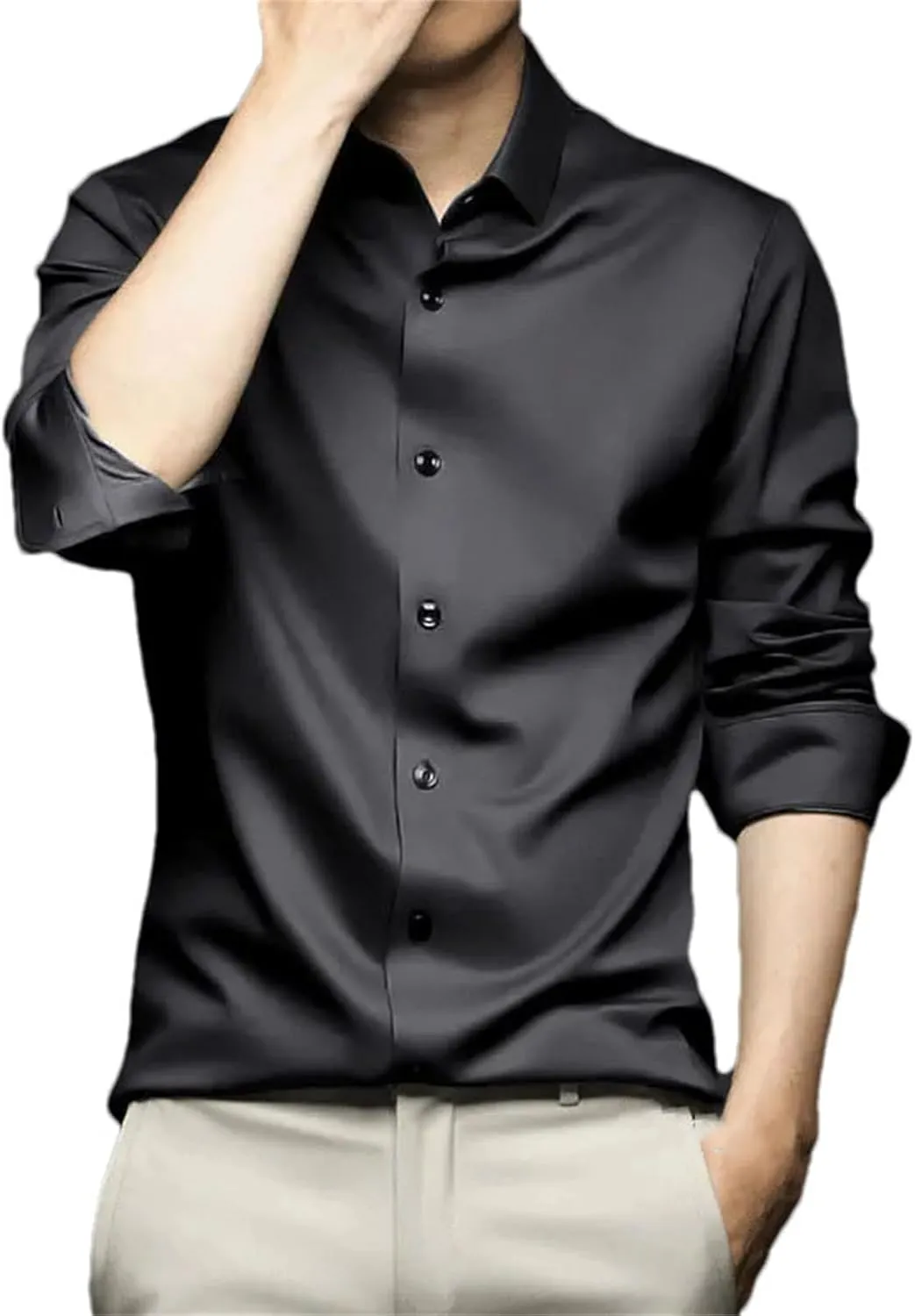 Men Social Shirt Long Sleeve Solid Silk Non Iron Wrinkle Resistant Business Formal Dress Shirt