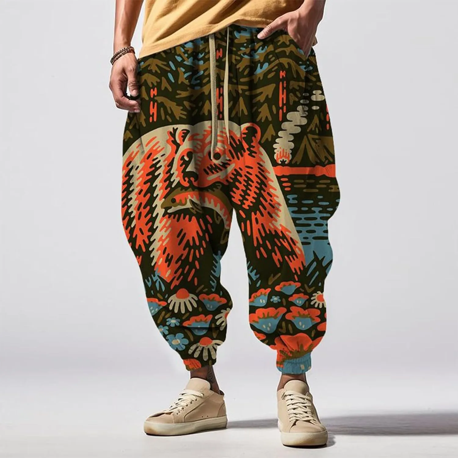 Mens Baggy Harem Pants Men Elastic Drawstring Cotton Pants Waist Waist Mid Casual Solid Mens Casual Cotton Linen