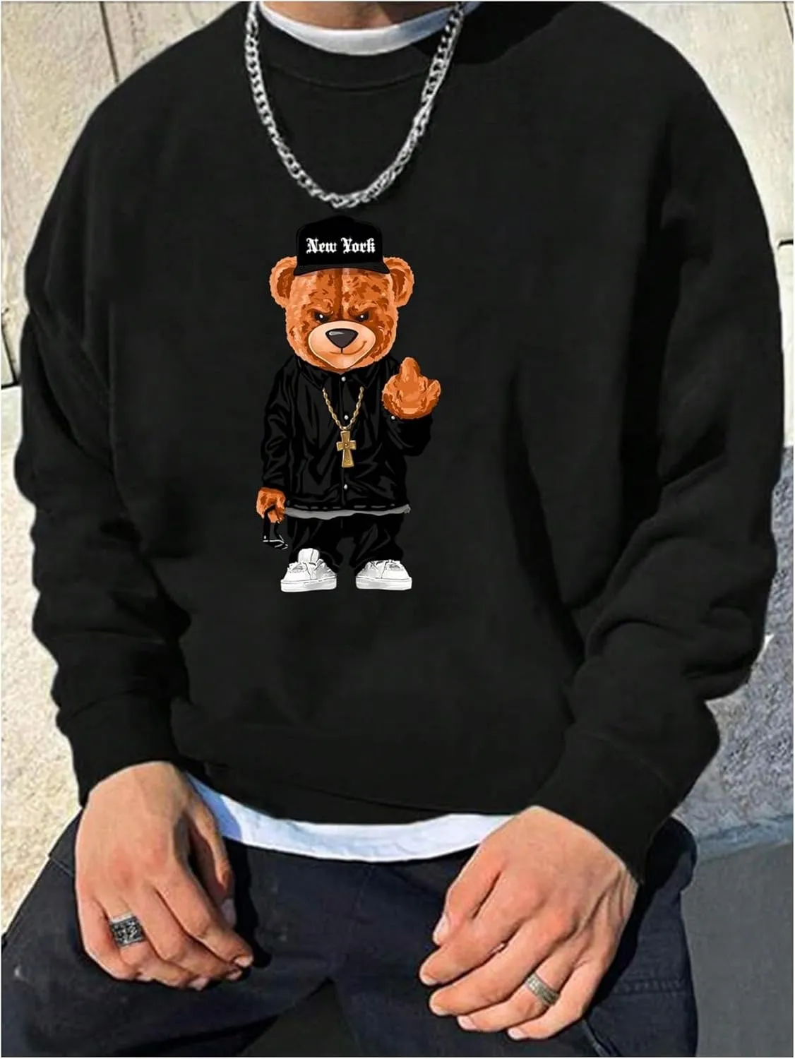 Men's Bear Graphic Sweatshirts Long Sleeve Oversized Crewneck Pullover Tops