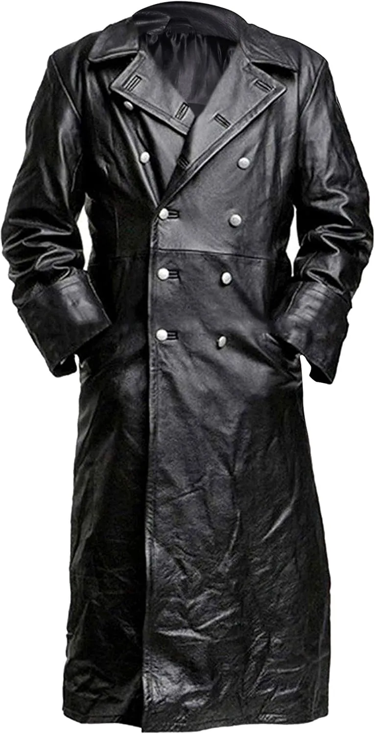 Mens Black Leather Trench Coat - Double Breasted German Classic Officer WW2 Military Uniform Jacket