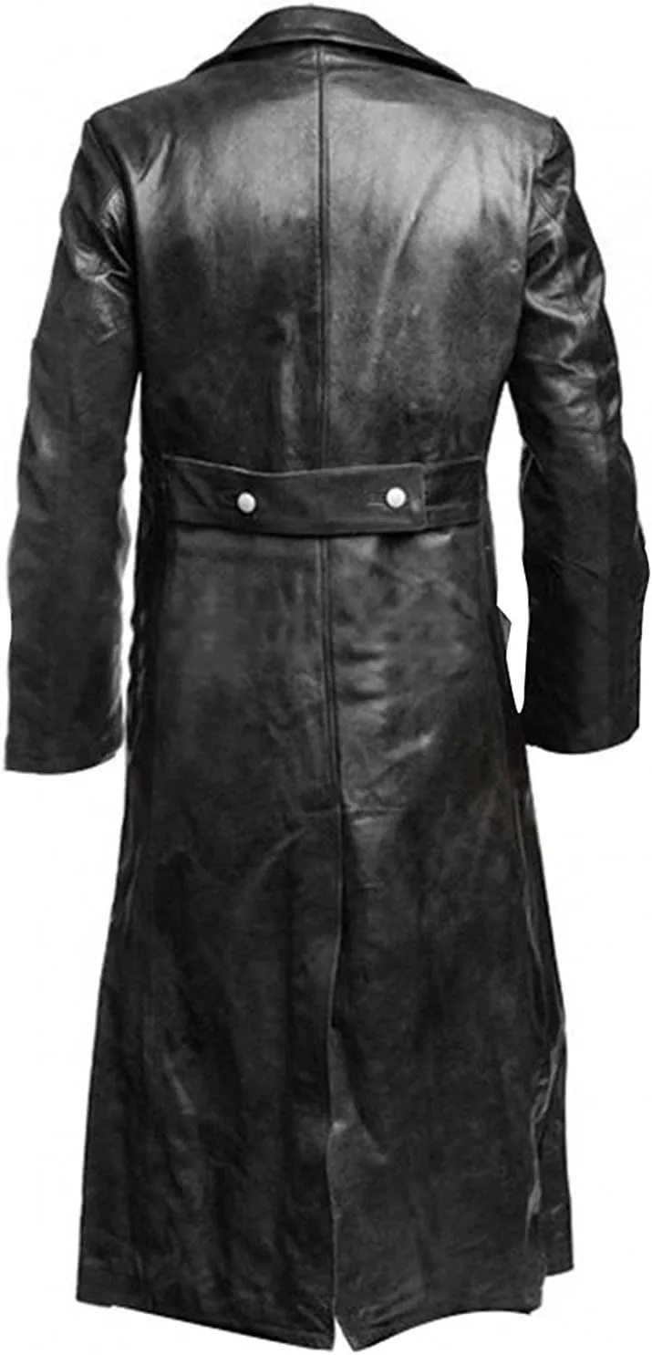 Mens Black Leather Trench Coat - Double Breasted German Classic Officer WW2 Military Uniform Jacket