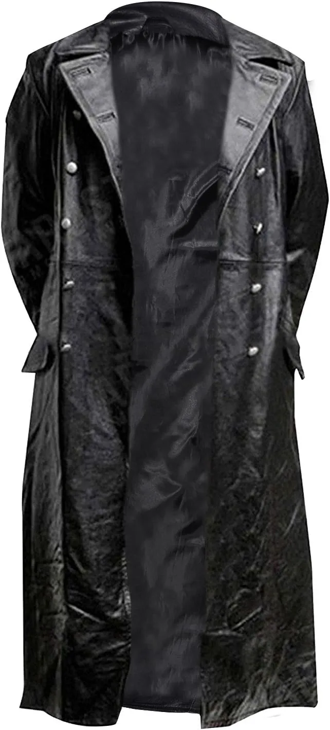 Mens Black Leather Trench Coat - Double Breasted German Classic Officer WW2 Military Uniform Jacket
