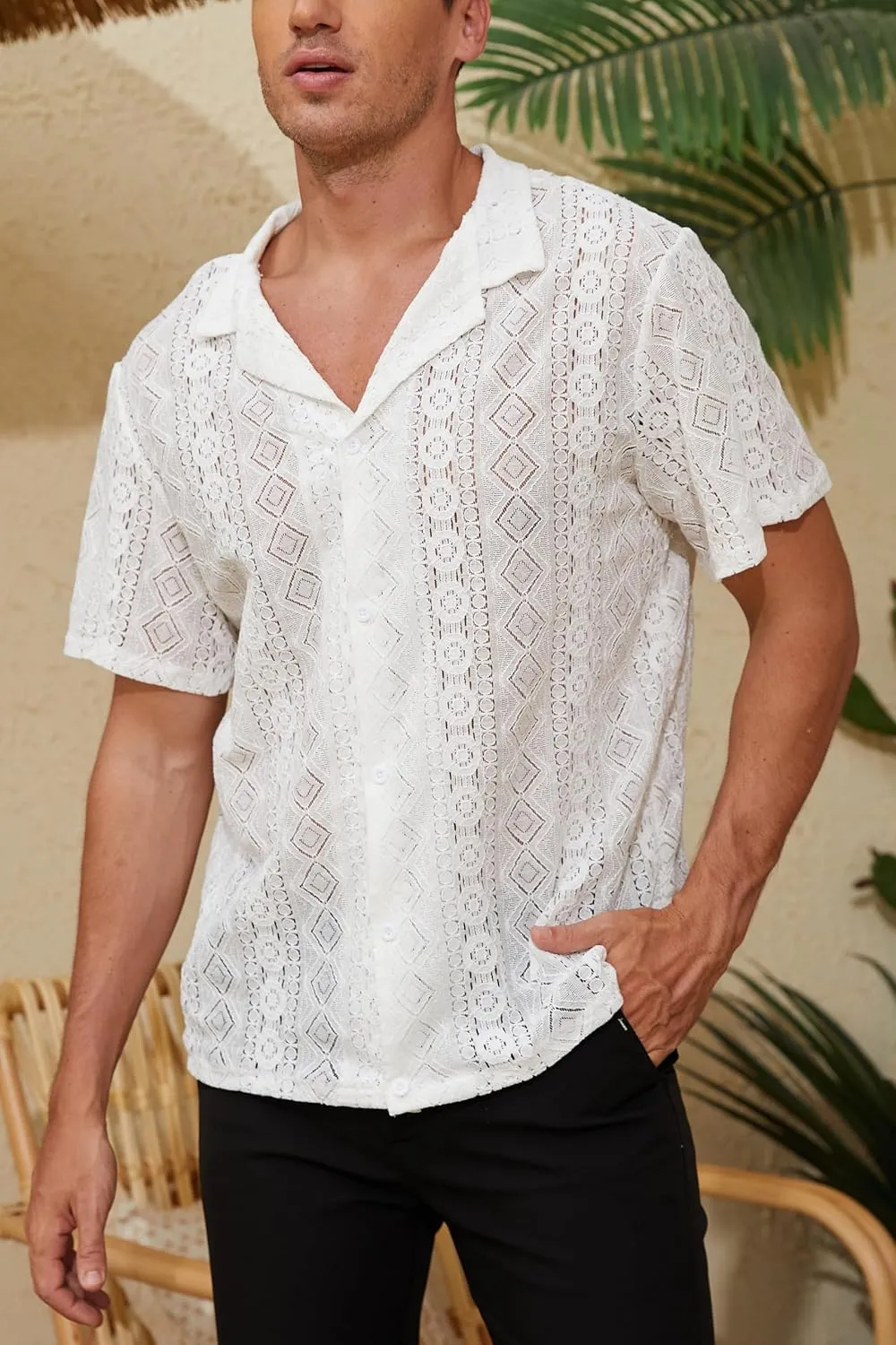 Men's Boho Short Sleeve Shirt See Through Lace Button Down Shirt