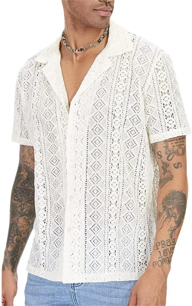 Men's Boho Short Sleeve Shirt See Through Lace Button Down Shirt