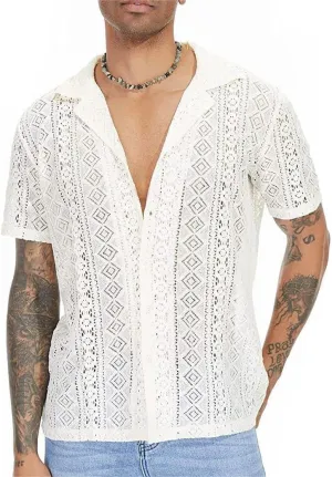 Men's Boho Short Sleeve Shirt See Through Lace Button Down Shirt