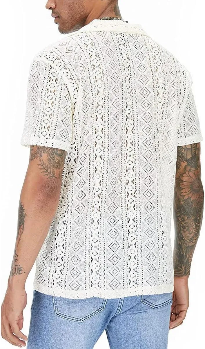 Men's Boho Short Sleeve Shirt See Through Lace Button Down Shirt