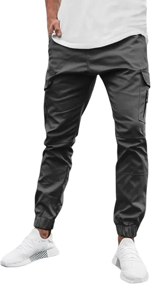 Mens Cargo Pants Lightweight Elastic Waist Casual Sweatpants Slim Fit Joggers Athletic Side Zipper Pockets Trousers