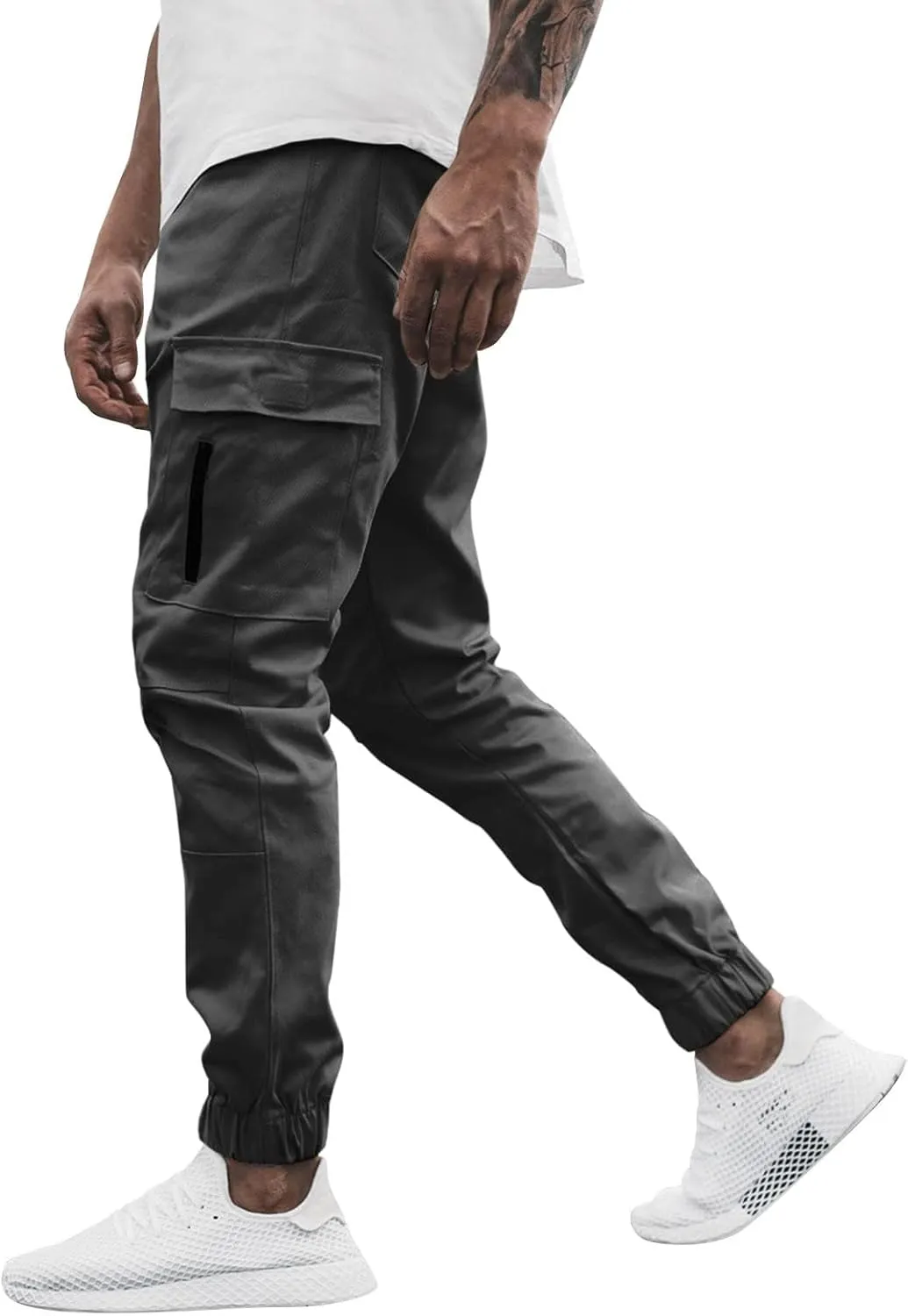 Mens Cargo Pants Lightweight Elastic Waist Casual Sweatpants Slim Fit Joggers Athletic Side Zipper Pockets Trousers