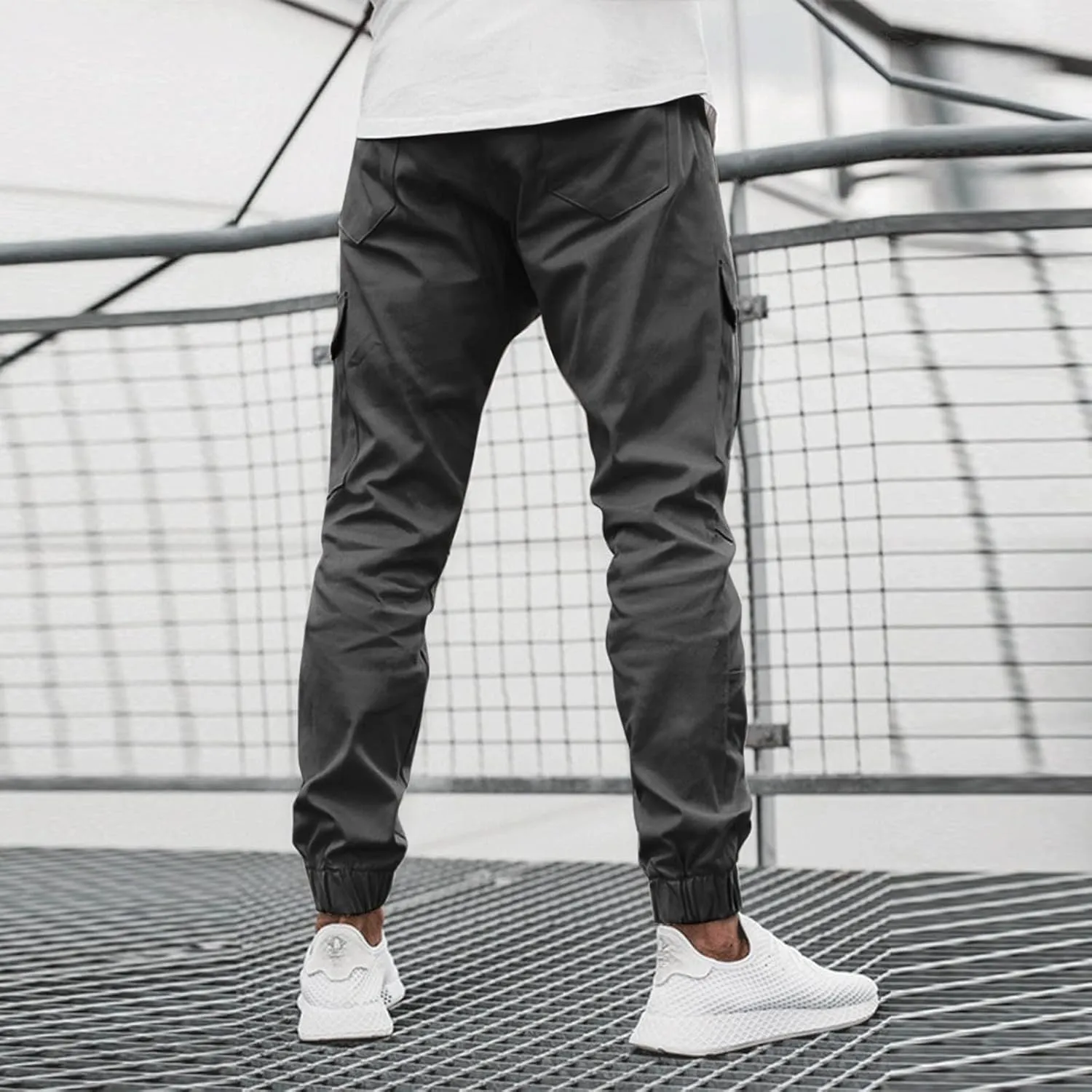 Mens Cargo Pants Lightweight Elastic Waist Casual Sweatpants Slim Fit Joggers Athletic Side Zipper Pockets Trousers
