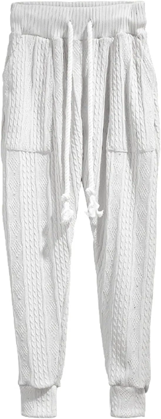 Mens Casual Chino Knitted Pants Elasticated Waist Drawstring Lightweight Sweatpants Loose Fashion Jogging Trousers