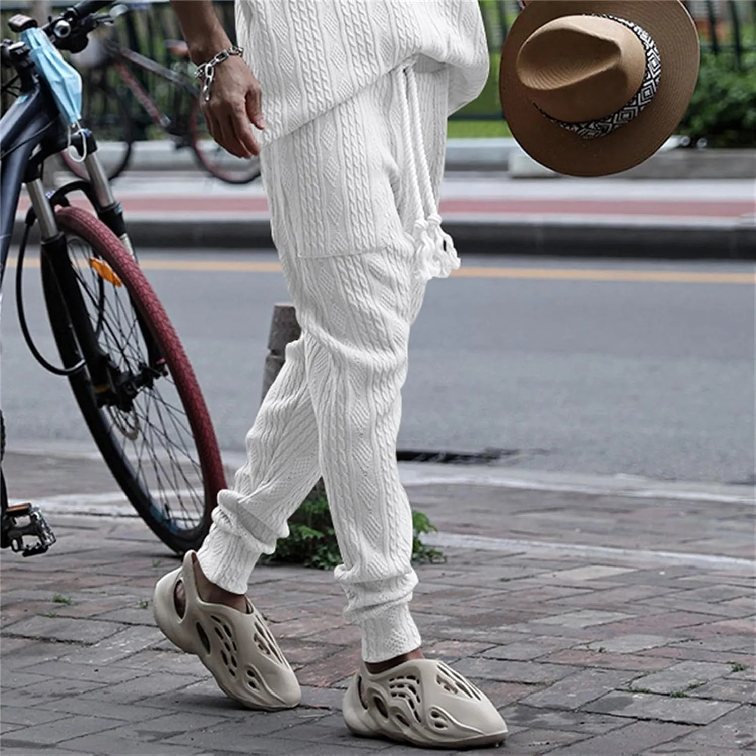 Mens Casual Chino Knitted Pants Elasticated Waist Drawstring Lightweight Sweatpants Loose Fashion Jogging Trousers