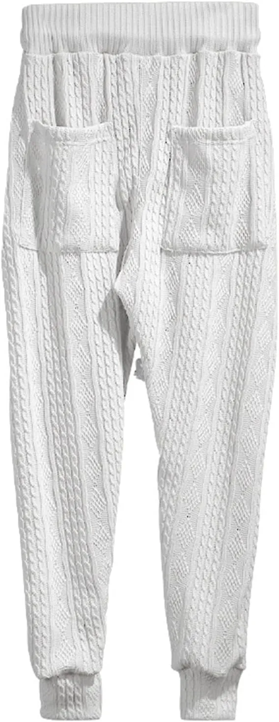 Mens Casual Chino Knitted Pants Elasticated Waist Drawstring Lightweight Sweatpants Loose Fashion Jogging Trousers