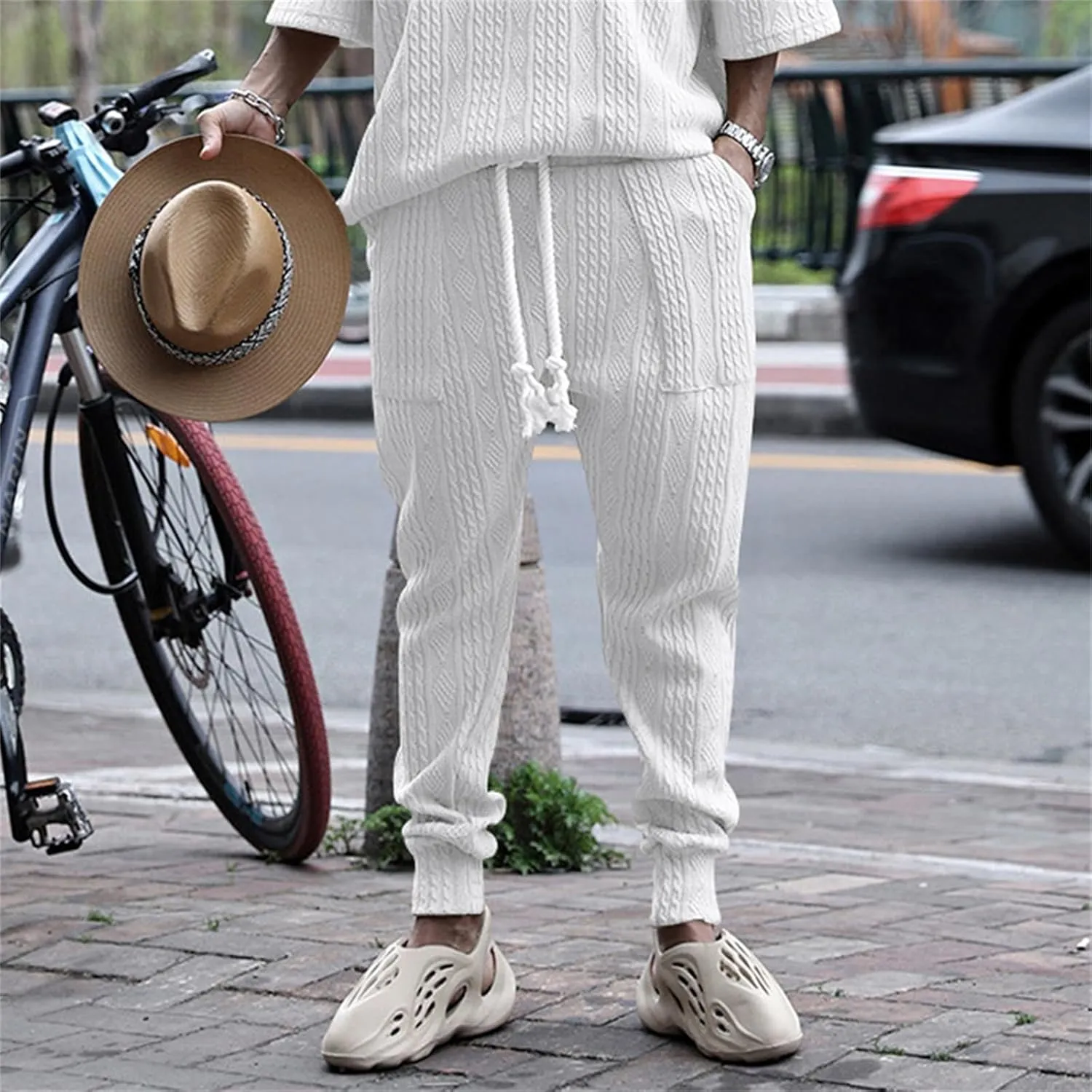 Mens Casual Chino Knitted Pants Elasticated Waist Drawstring Lightweight Sweatpants Loose Fashion Jogging Trousers