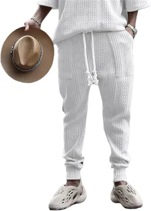 Mens Casual Chino Knitted Pants Elasticated Waist Drawstring Lightweight Sweatpants Loose Fashion Jogging Trousers