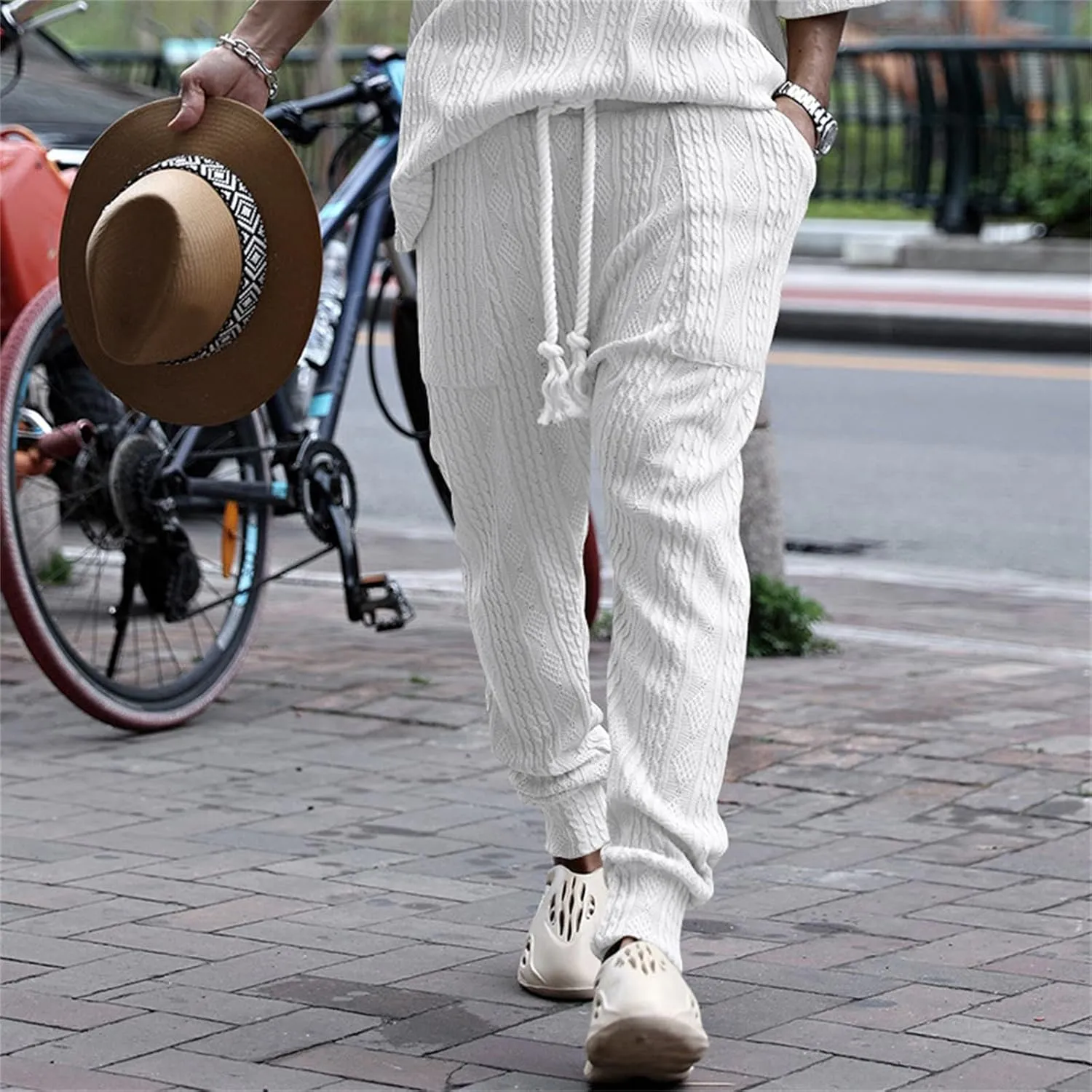 Mens Casual Chino Knitted Pants Elasticated Waist Drawstring Lightweight Sweatpants Loose Fashion Jogging Trousers