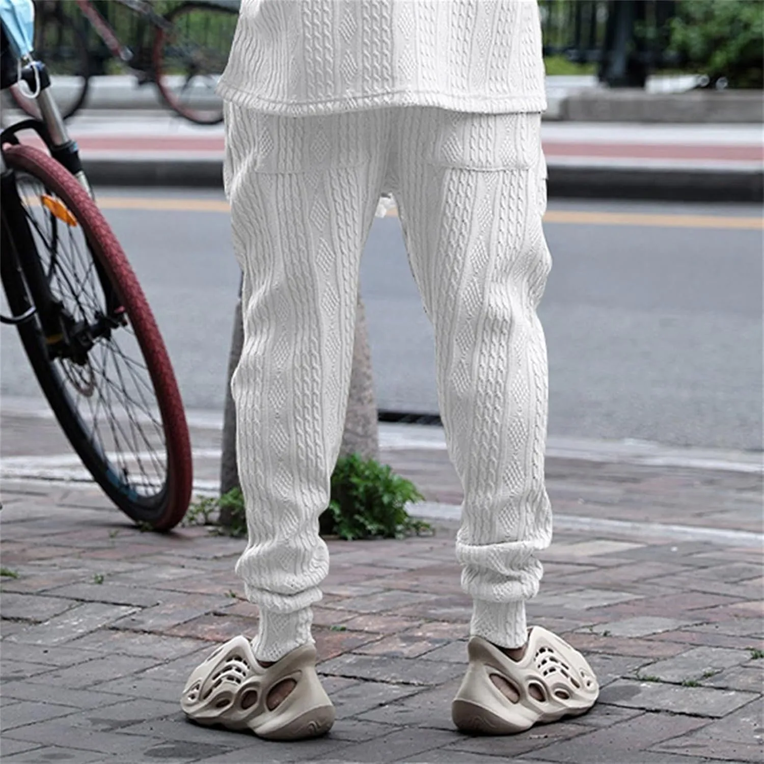 Mens Casual Chino Knitted Pants Elasticated Waist Drawstring Lightweight Sweatpants Loose Fashion Jogging Trousers